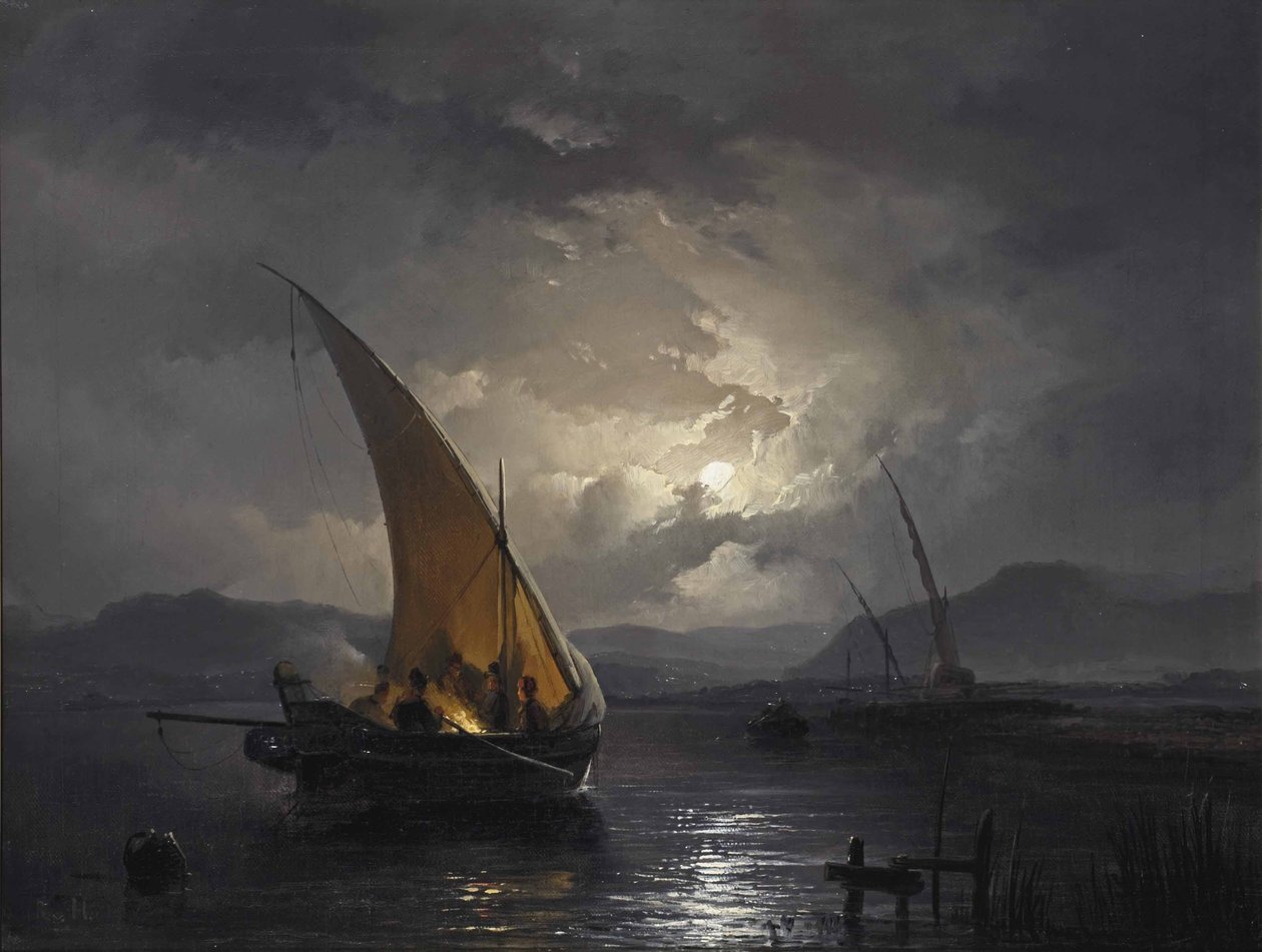 Ett nattlandskap med en segelbåt där en eld tänds av Remigius Adrianus Haanen