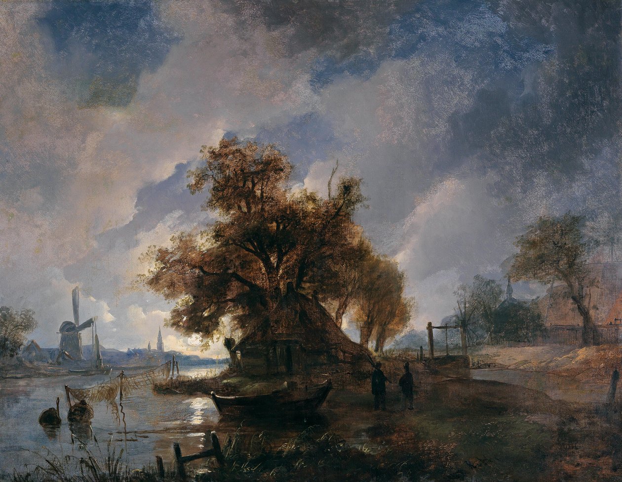 Tyska: Dutch River Landscape in the Moonlight Dutch River Landscape in the Moonlight av Remigius Adrianus Haanen