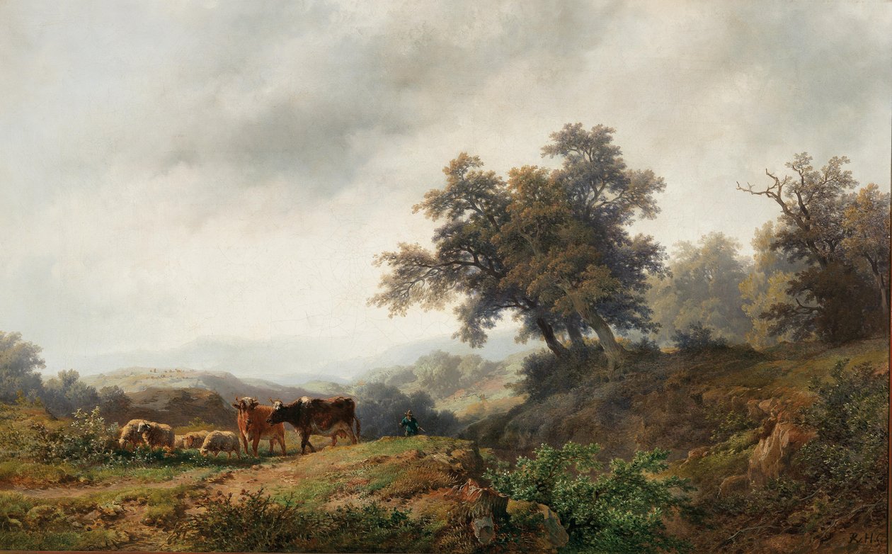 Öppet landskap med kor och boskapsskötare av Remigius Adrianus Haanen