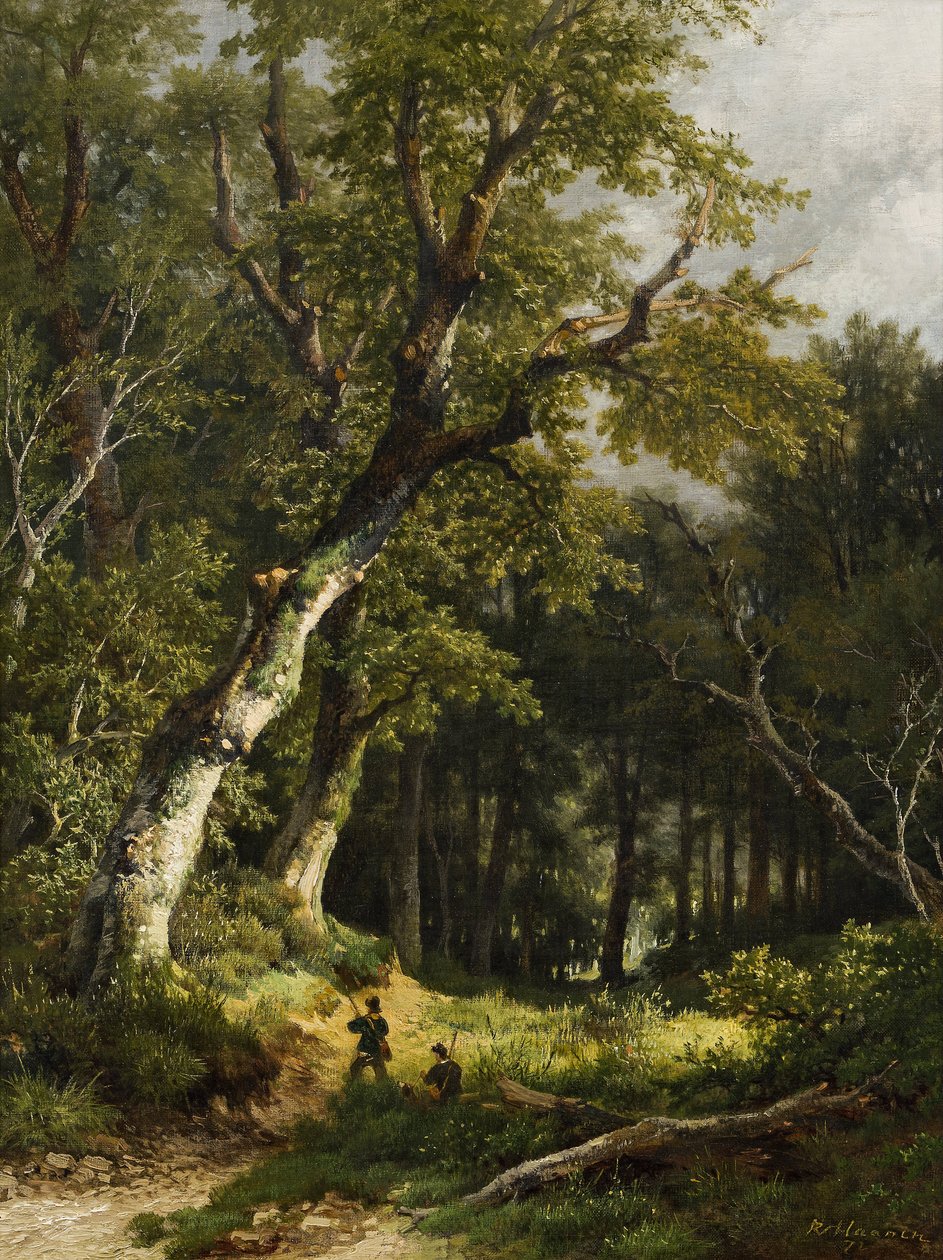 Skogsbeklätt landskap med två jägare av Remigius Adrianus Haanen