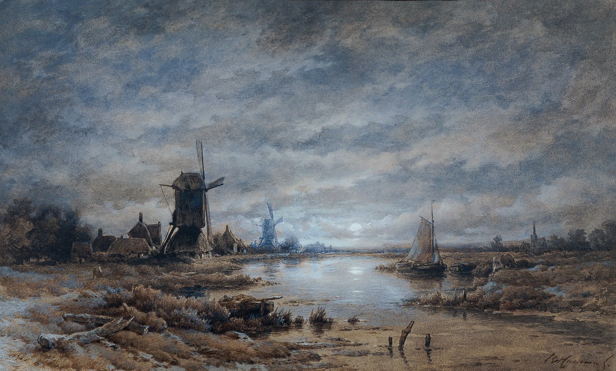 Månbelyst natt (kanallandskap med väderkvarnar och fartyg) av Remigius Adrianus van Haanen
