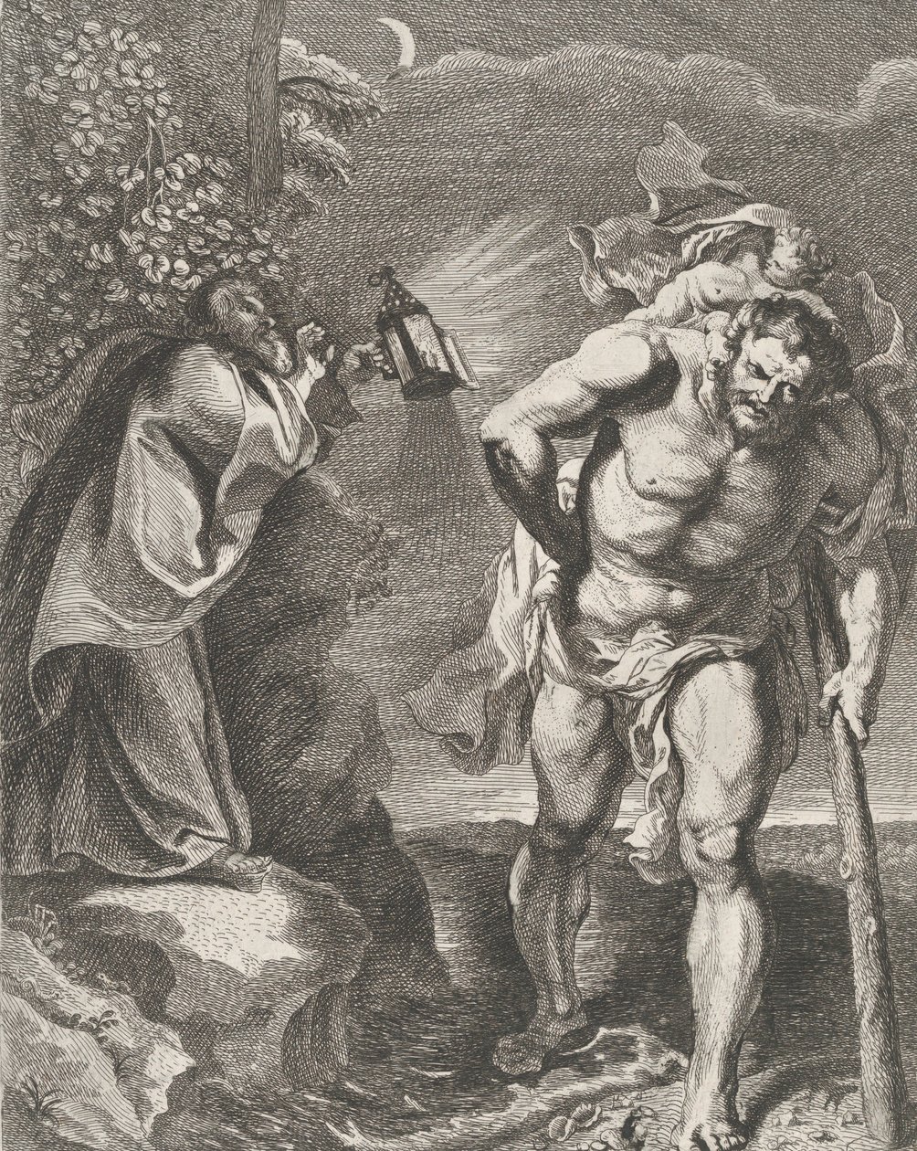 Den helige Christopher bär Kristusbarnet över en bäck, en annan man som håller en ..., ca. 1636-80. av Remoldus Eynhoudts