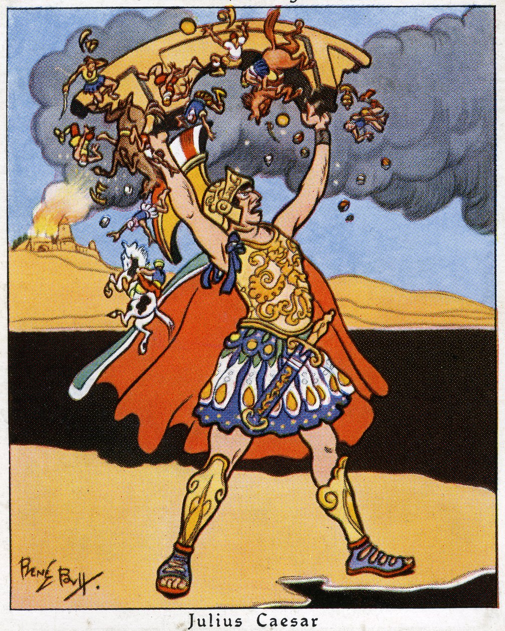 Julius Caesar "kastar" en bro över Rhen, 1936 av René Bull