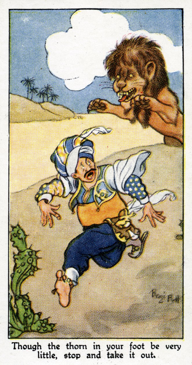 "Även om taggen i din fot är väldigt liten, stanna upp och ta ut den", 1931 (se även 498223) av René Bull