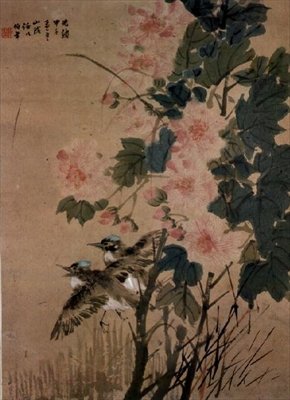 Fåglar på en blommande buske (bläck och wc på papper) av Ren Yi 1840 96 Ren Yi 1840 96