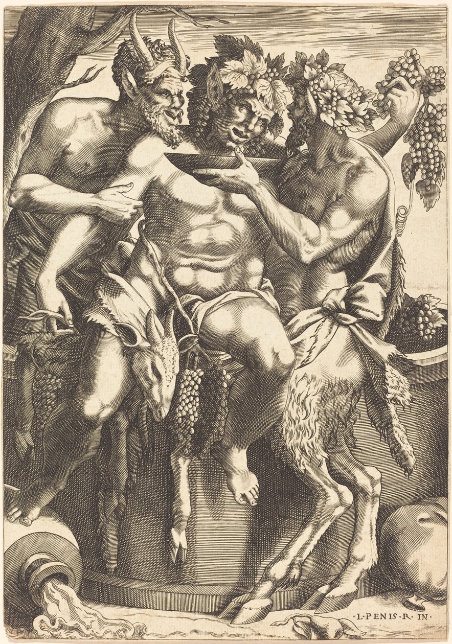 Två satyrer som ger dryck till Bacchus av René Boyvin after Luca Penni