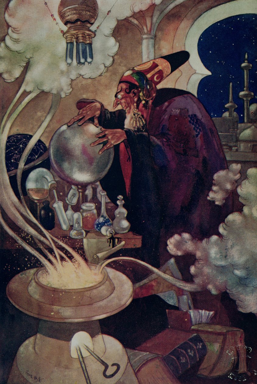 "Efter en lång och noggrann kurs av magiska förfrågningar" från "The Arabian Nights" (färg litho) av René Bull