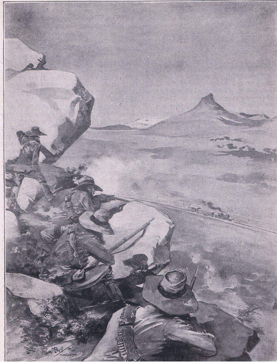 Boer som skjuter på General Frenchs tåg (litho) av René Bull
