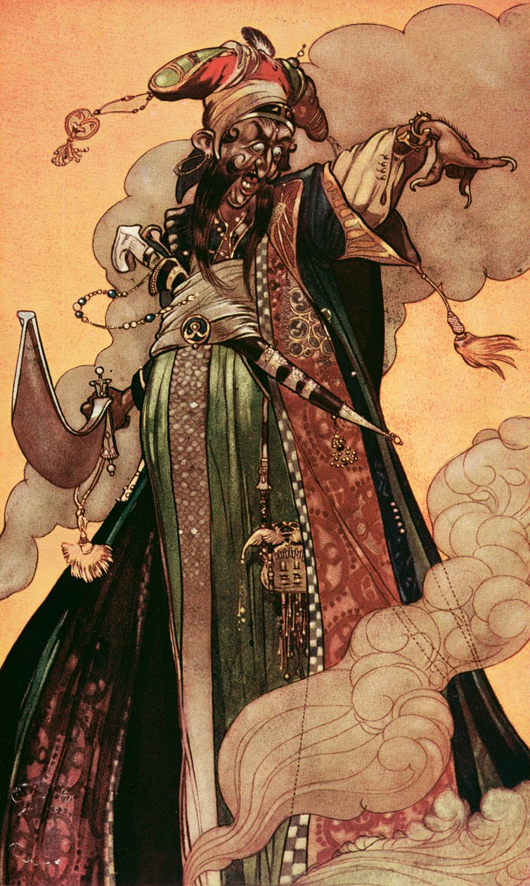"Han såg en ande av monstruös bulk avancera mot honom", från "The Arabian Nights" (färg litho) av René Bull
