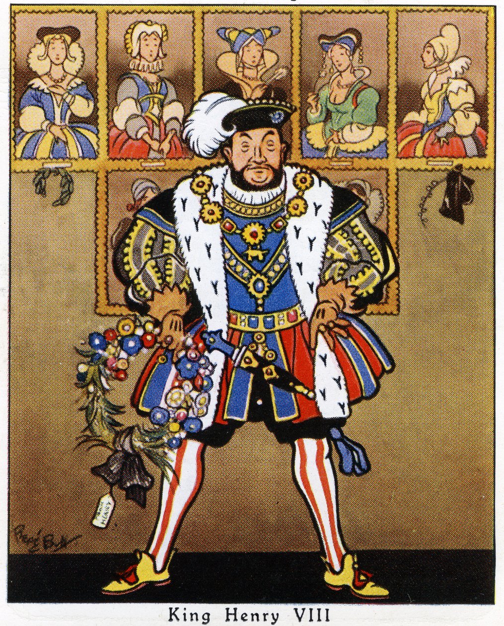 Kung Henrik VIII dekorerar porträtten av sina fruar med hassel, mistel och en krans till jul, 1936 av René Bull