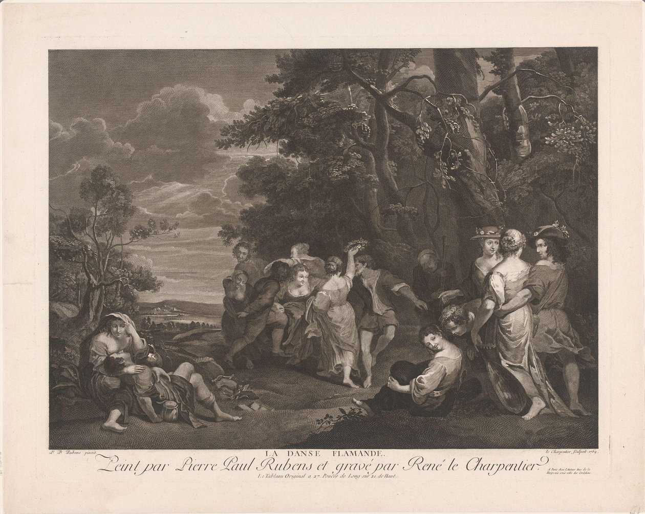 Landskap med dansande figurer La danse flamande (titel på objekt) av René Jacques Le Charpentier