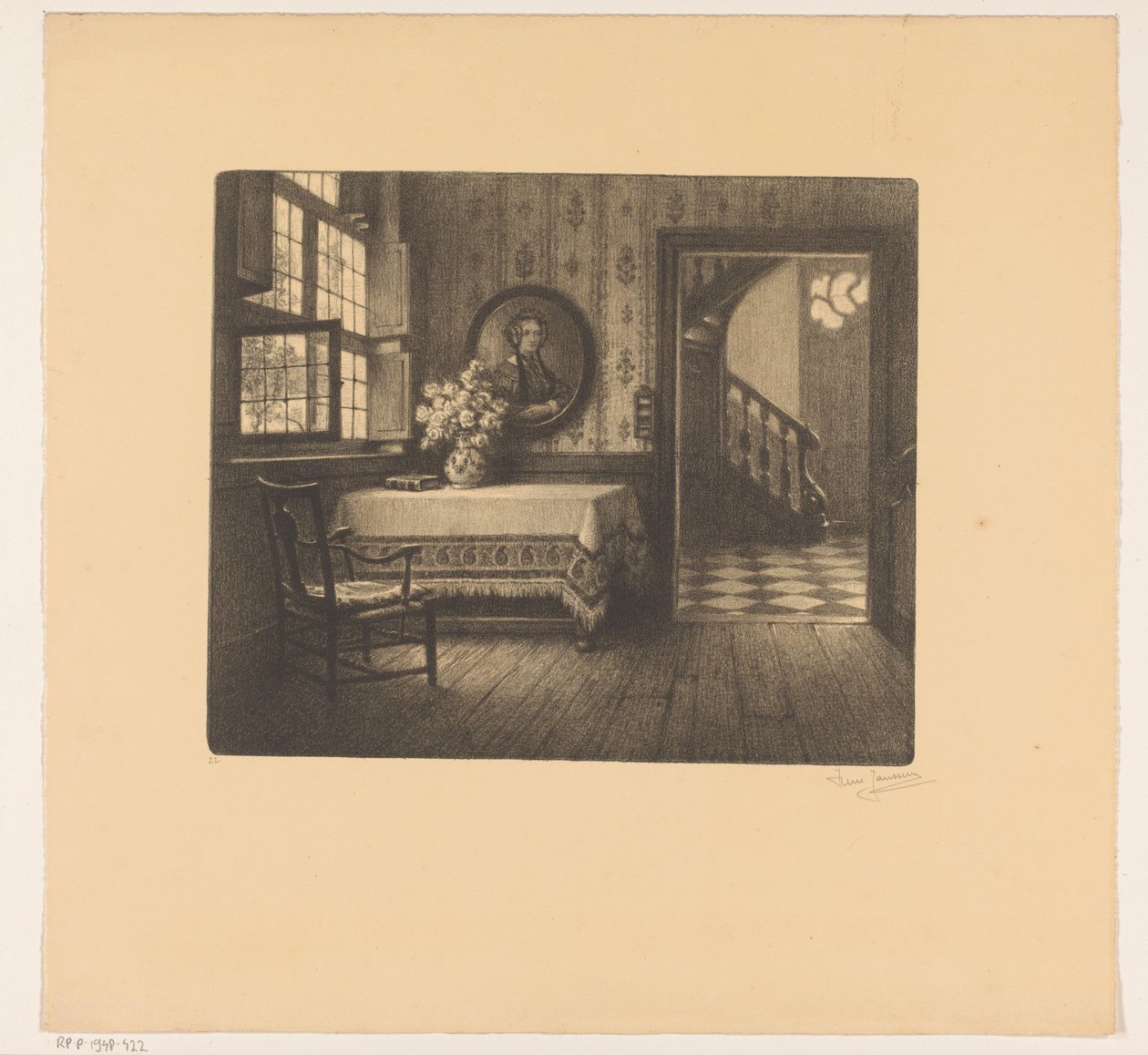Interiör med porträtt, bord och utsikt genom en korridor av René Janssens (signed by artist)