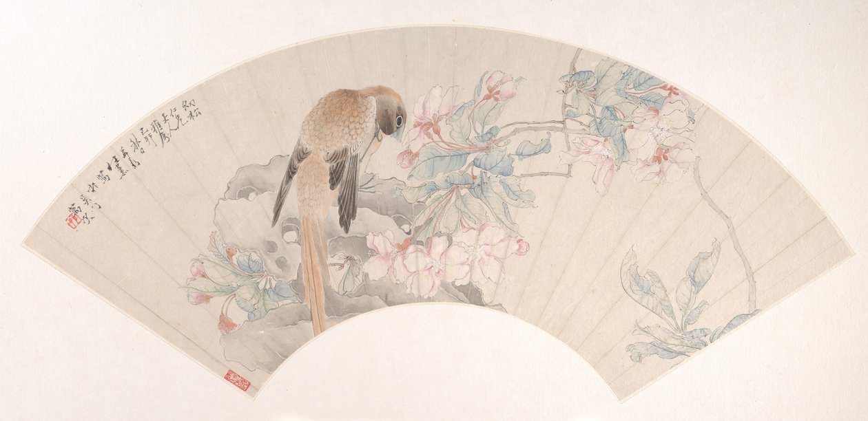 Fågel på en sten vid en blommande gren, daterad 1879. av Ren Xun