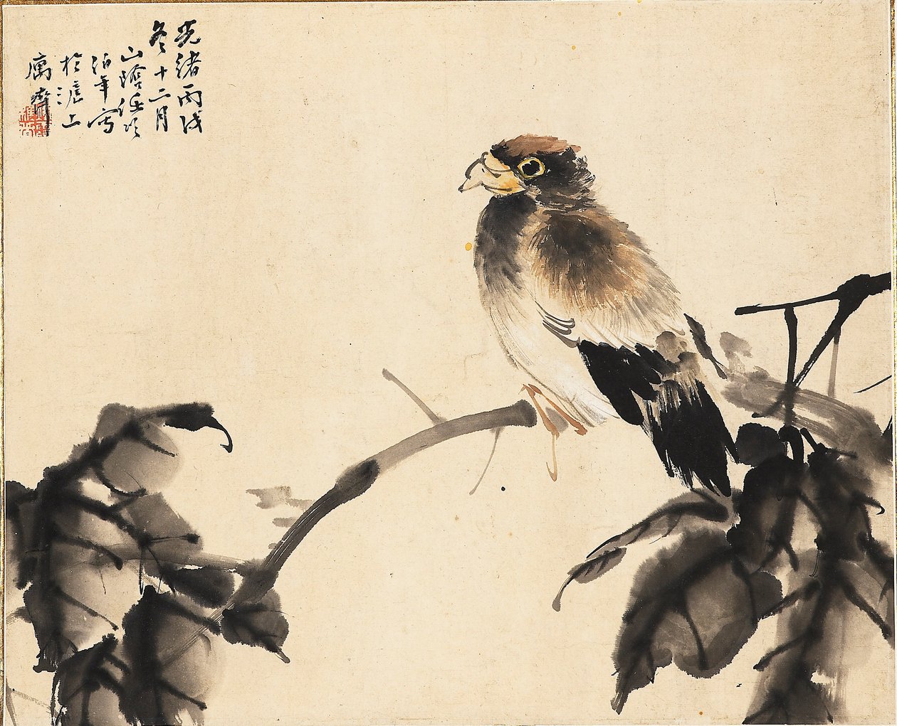 Fågel på en gren, 1886 av Ren Yi