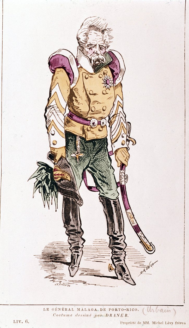 Jacques Offenbach: "Parisiskt liv". General Malaga från Puerto Rico, Draners kostym. 1866. av Renard Jules Draner