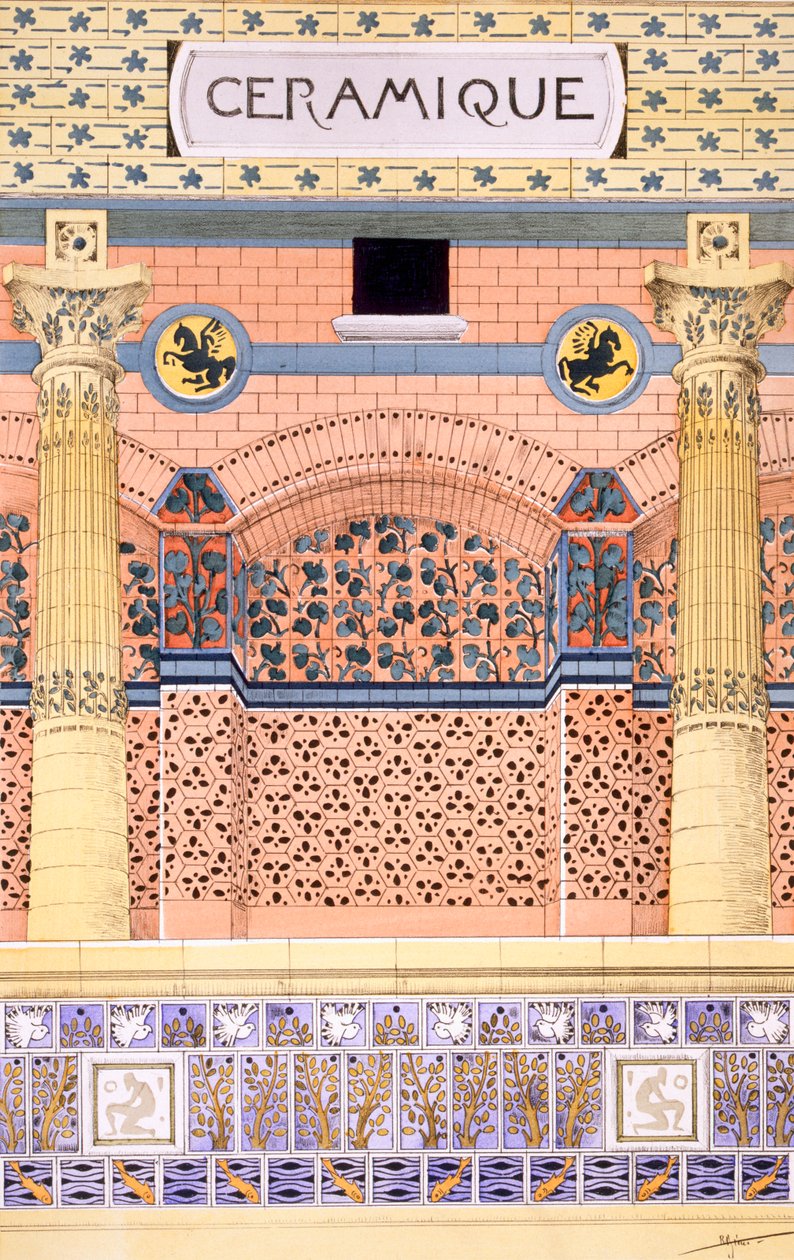 Keramik: ritningar för kakelväggar, från "Decorative Sketches", ca 1895 av Rene Binet