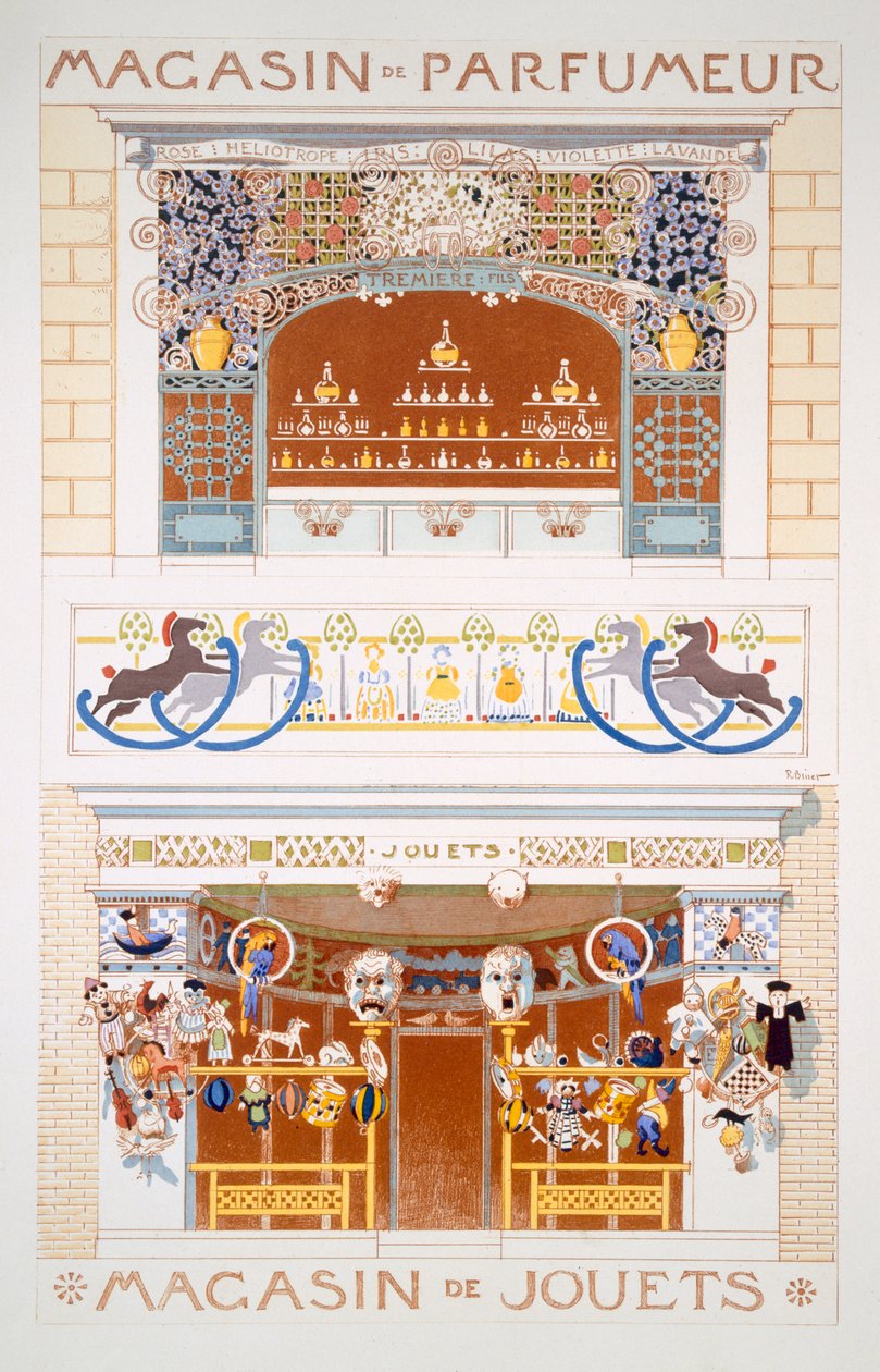 Två butiksfasadkonstruktioner: En parfymförsäljare och en leksaksaffär, ca 1880-95 av Rene Binet