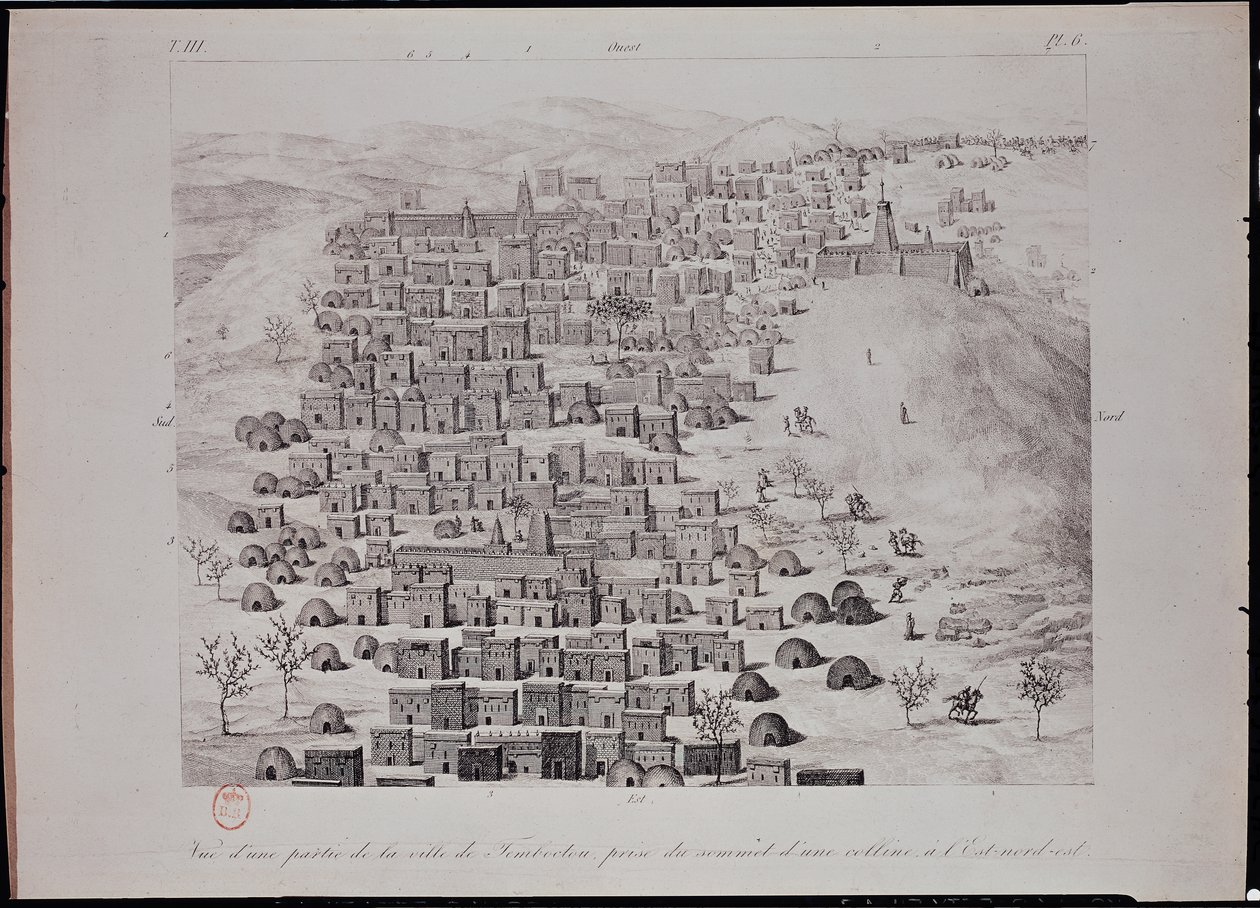 Vy över en del av staden Timbuktu från en kulle, illustration från 