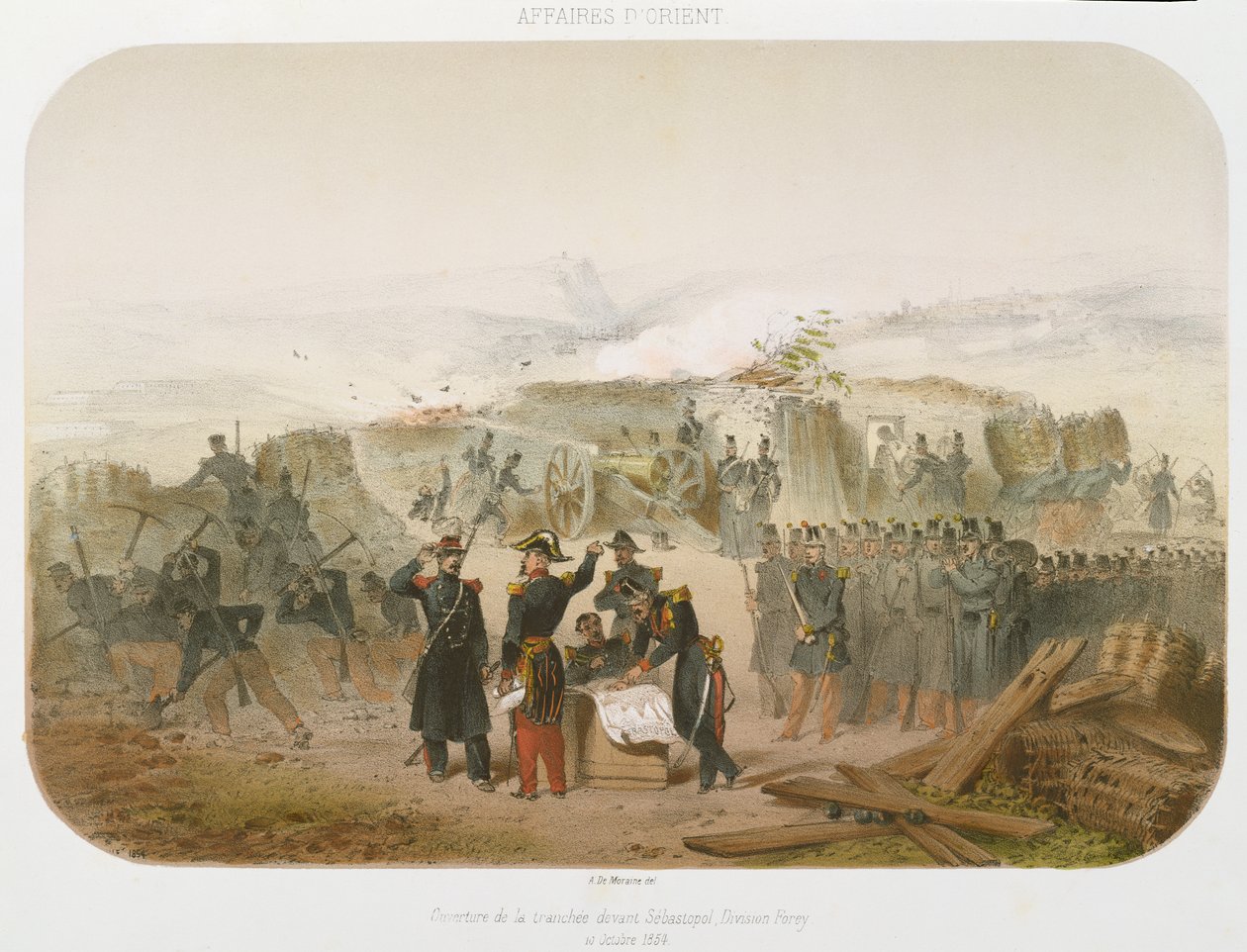 Att bygga en skyttegrav framför Sebastopol, 10 oktober 1854, 1854 (färglitografi) av Rene Demoraine