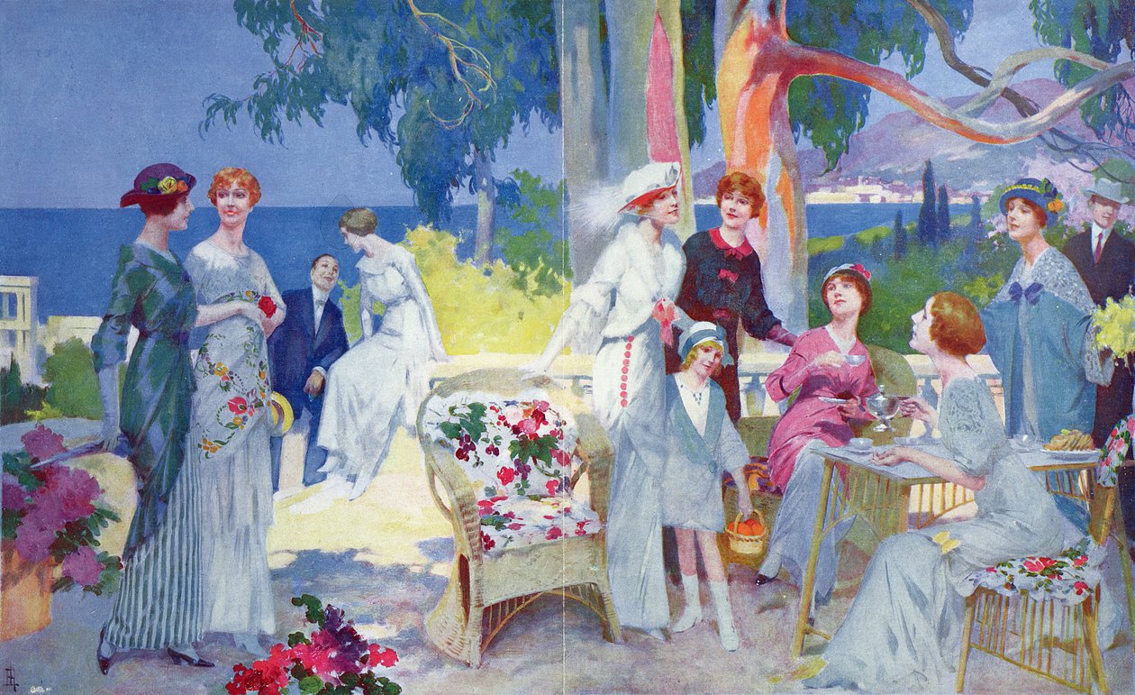 Tea Party i en trädgård på den franska rivieran, illustration från 