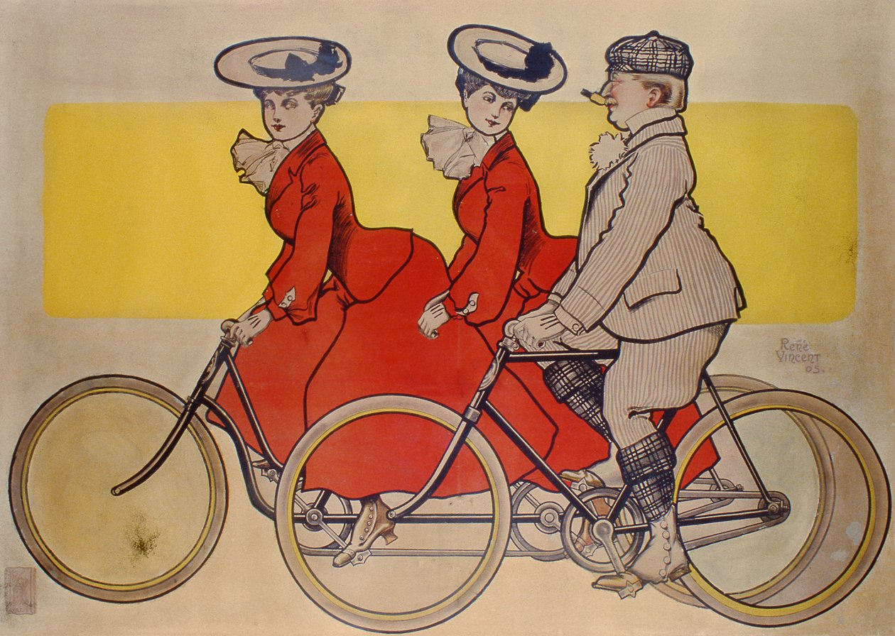 Man på cykel och kvinnor på tandem, 1905 (färggravyr) av Rene Vincent