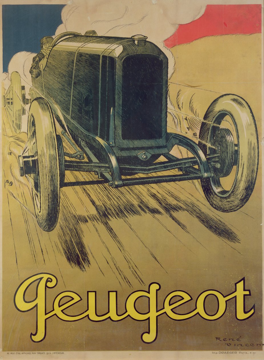 Affisch som annonserar en Peugeot racingbil, ca 1918 av Rene Vincent