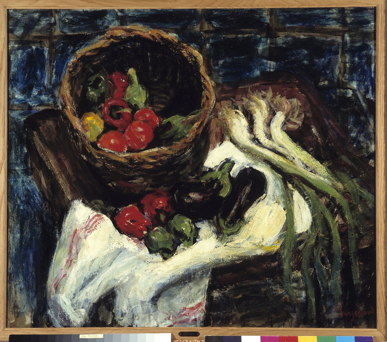 Stilleben i grönsakskorg, paprika, aubergine och purjolök (olja på duk) av Rene Auguste Seyssaud