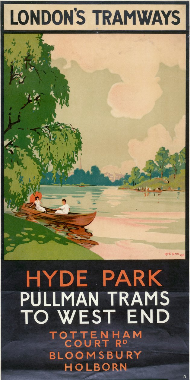 "Hyde Park, Pullman Trams to West End", London County Council LCC Tramways affisch, 1930 av Rene Blair