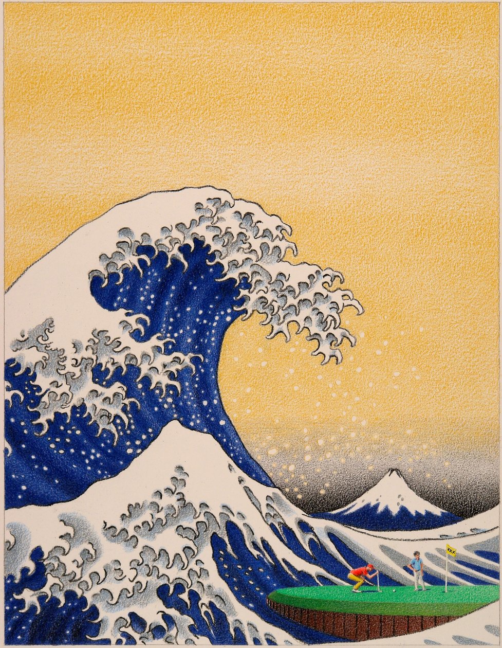 HOKUSAI-Golf, 2021, teckning med färgpenna på papper av Rene Boin