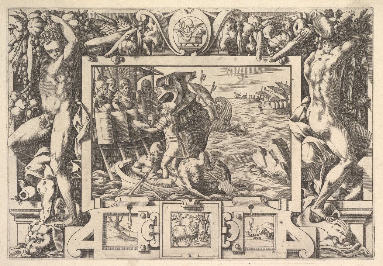 Aeëtes samlar ihop Absyrtes lemmar Medan han får lemmar att plocka upp, gör grekerna d..., 1563. av Rene Boyvin
