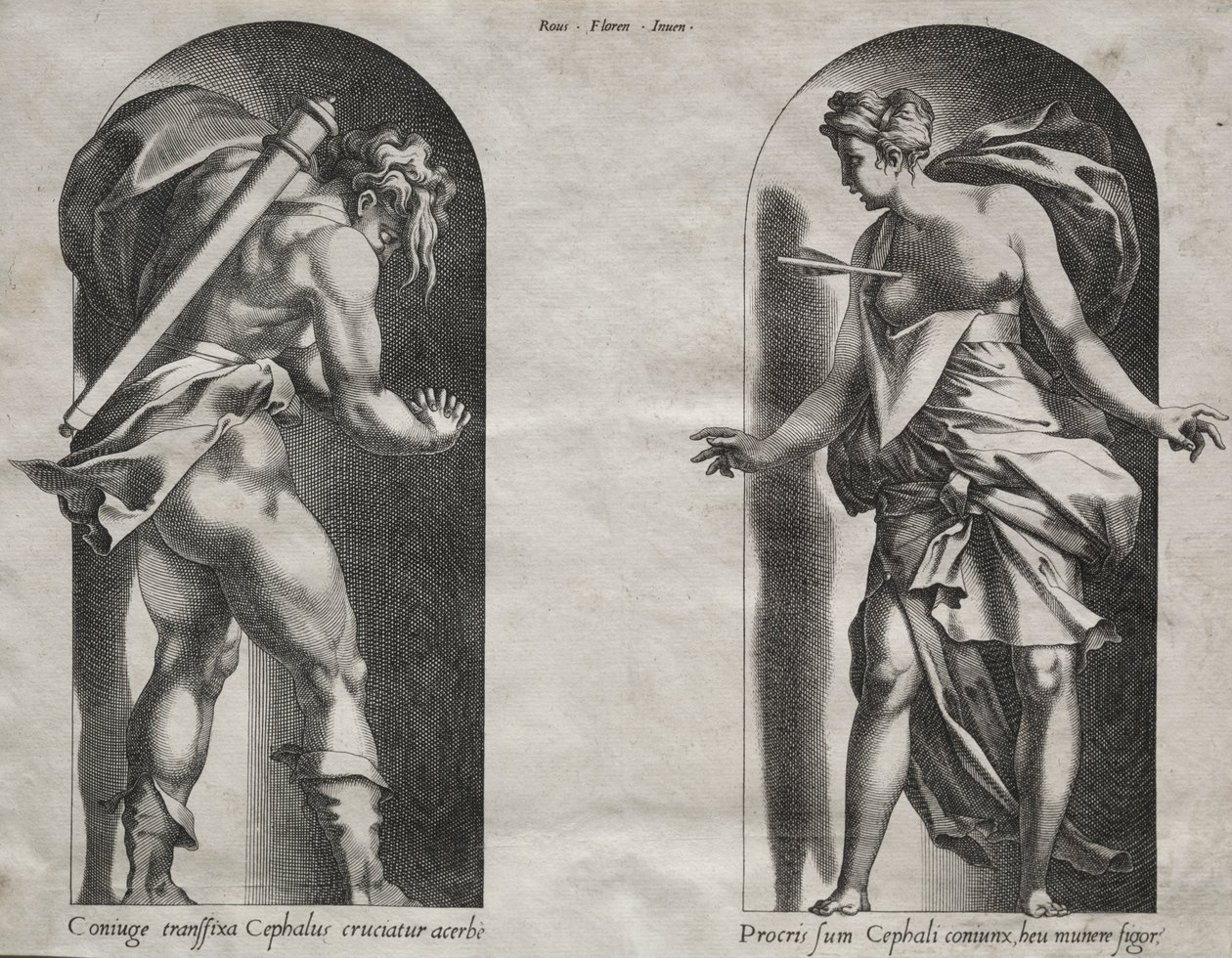 Cephalus och Procris i två nischer, 1538-1540. av Rene Boyvin