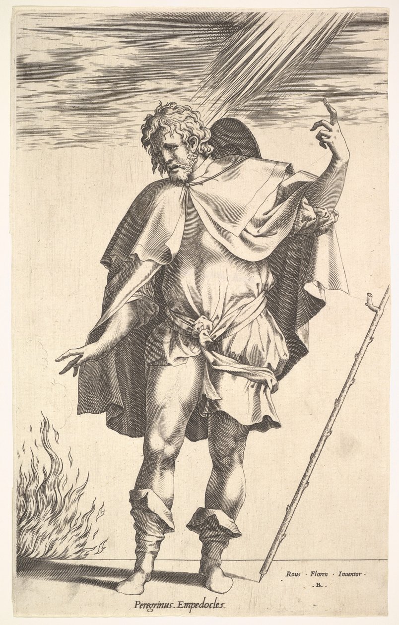 Empedokles, stående frontalt med huvudet vänt i trekvartsvy, dirigerar ..., ca. 1545-63. av Rene Boyvin
