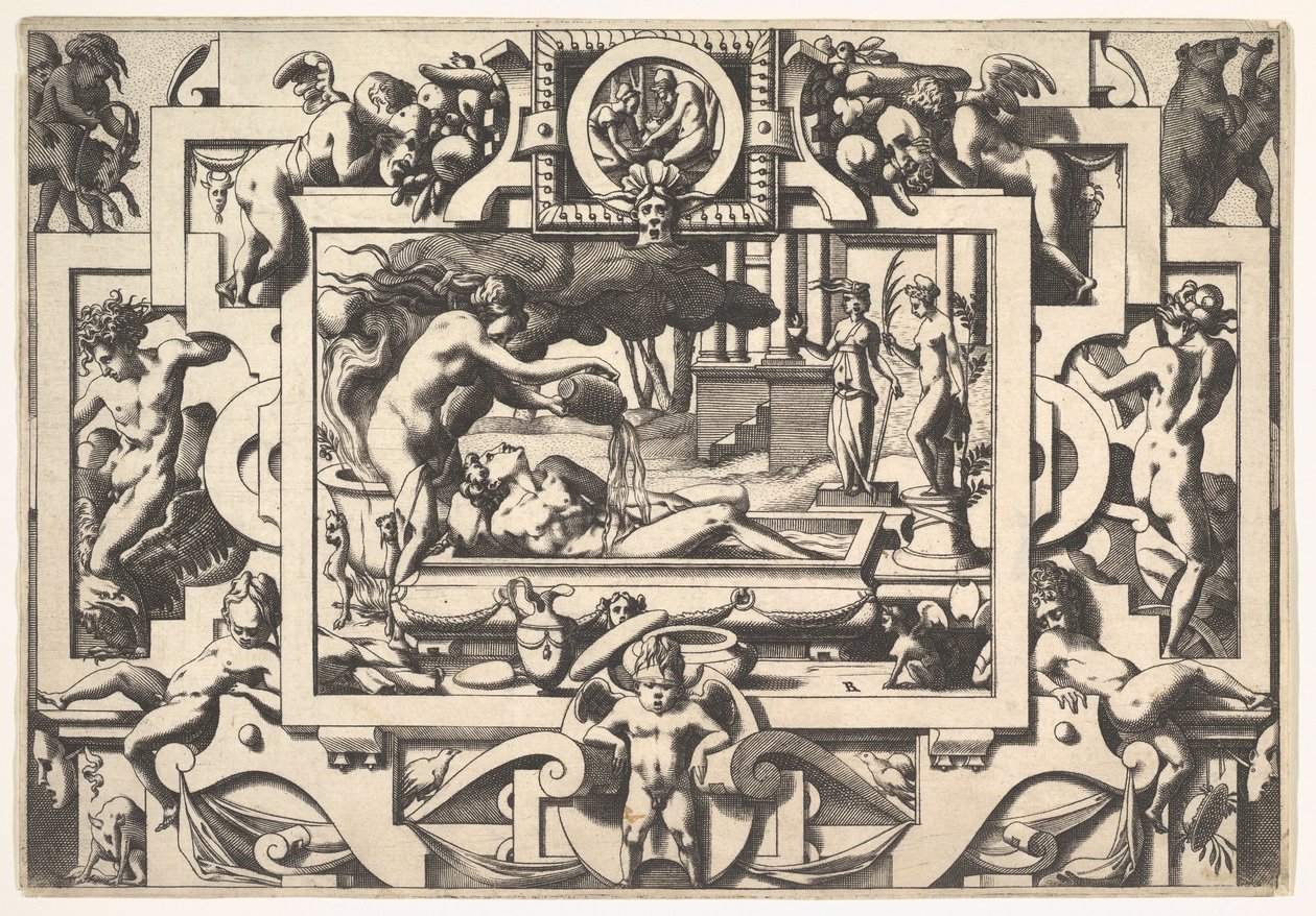 Medea häller en trolldryck över Jason King Aeson, både förfallen och vördnadsvärd, i ett kar hon..., 1563. av Rene Boyvin