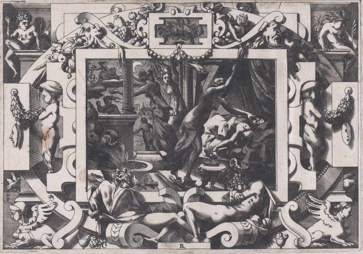Pelias dödad av sina döttrar vars medlidande de tar mod hans blod att tömma av v..., 1563. av Rene Boyvin
