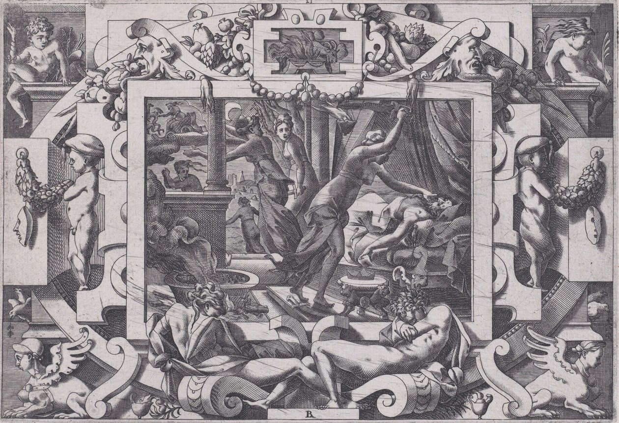 Pelias dödad av sina döttrar vars medlidande de tar mod hans blod att tömma av v..., 1563. av Rene Boyvin