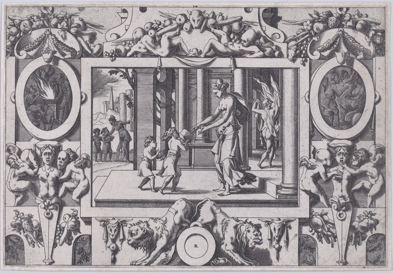 Medeas och Jasons barn ger Creusa den dödliga presenten av hans två söner till bröllopet..., 1563. av Rene Boyvin