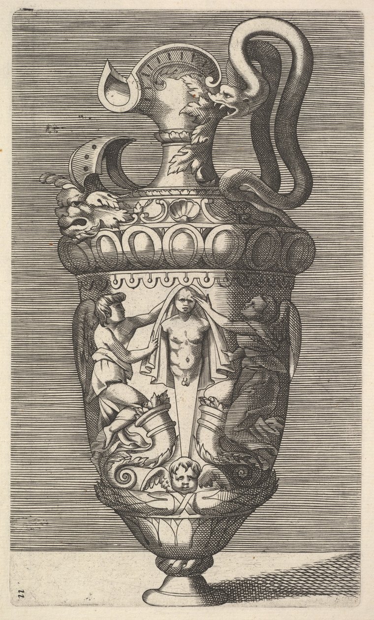 Vas med två bevingade figurer som draperar en term, 1600-talet. av Rene Boyvin