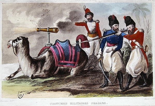 Persiska militärdräkter från 1800-talet och en kamel som bär en kanon, ca 1840 (lito i färg) av Rene Demoraine