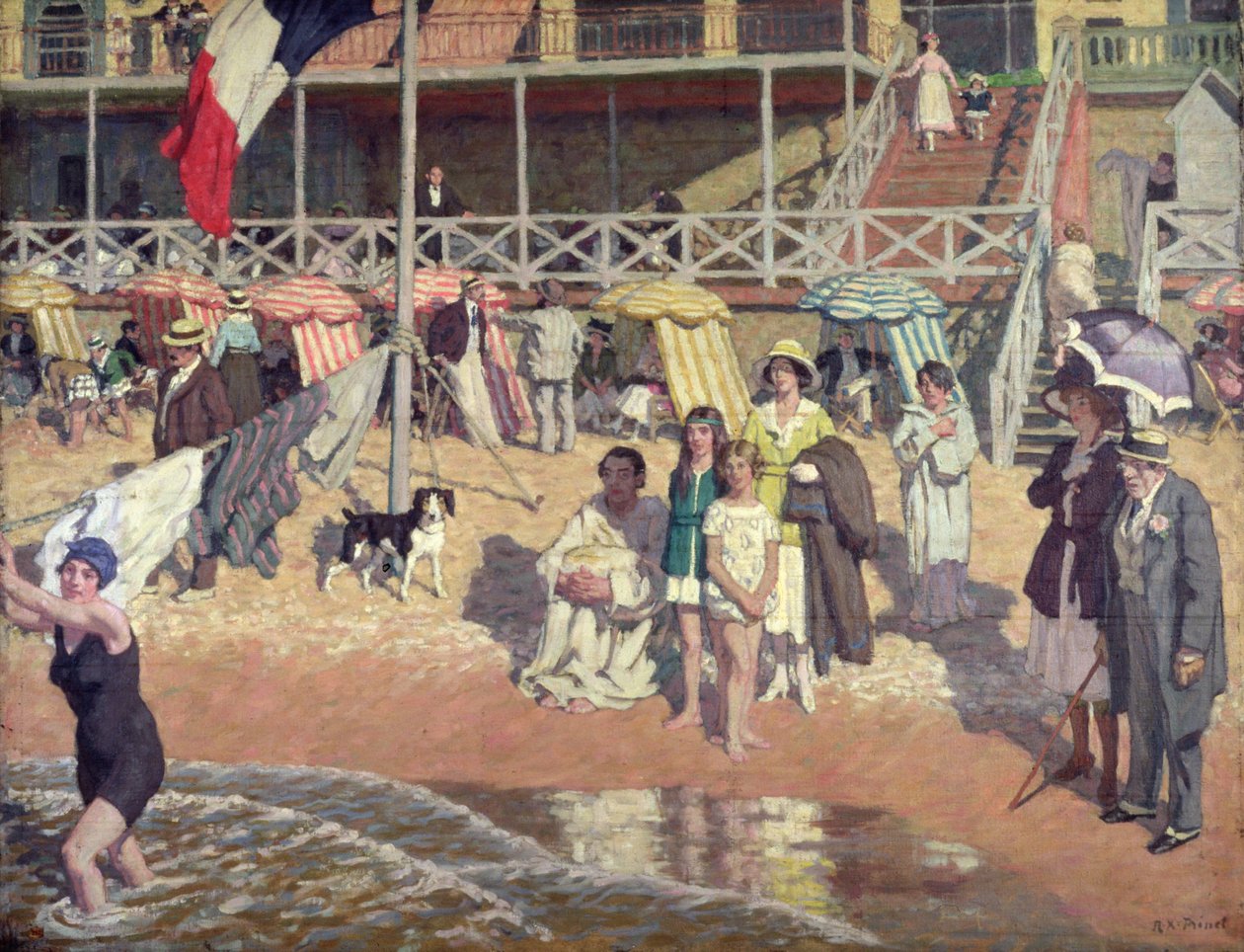 Badande framför Grand Hotel, Cabourg, ca 1920 (olja på panel) av René François Xavier Prinet