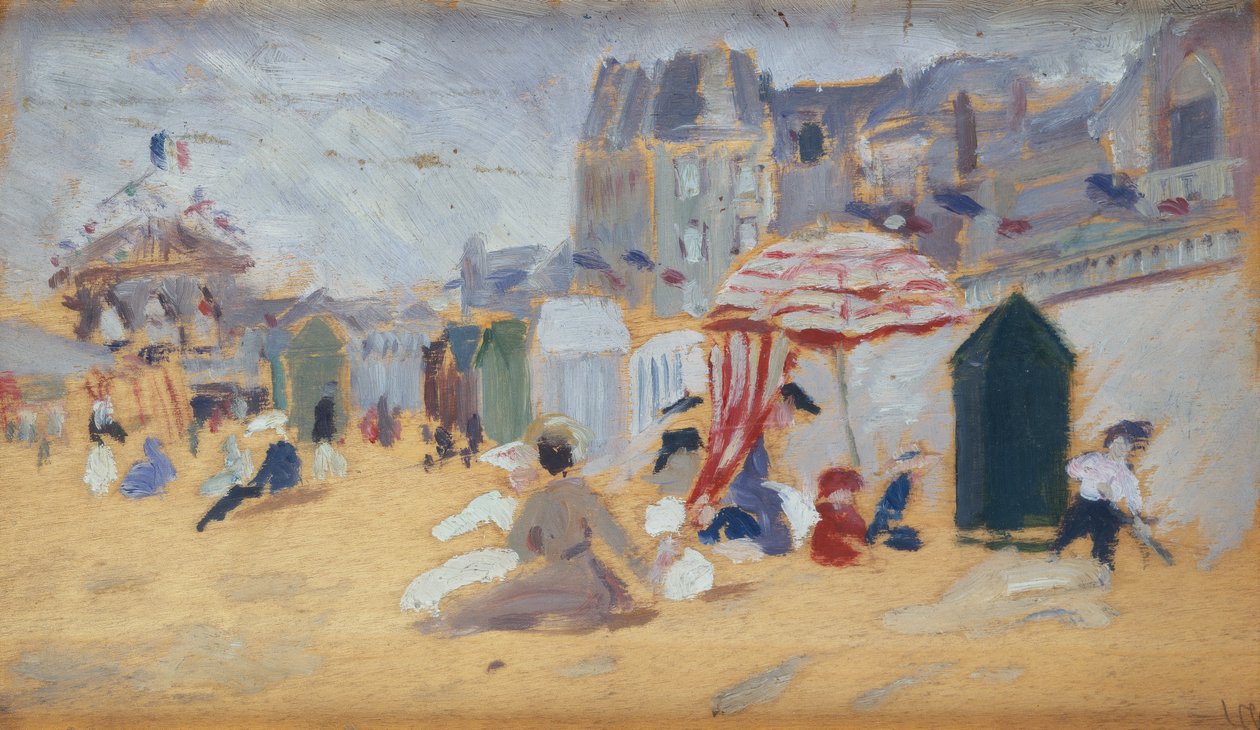 Parasoll och badhyddor på stranden (olja på duk) av René François Xavier Prinet