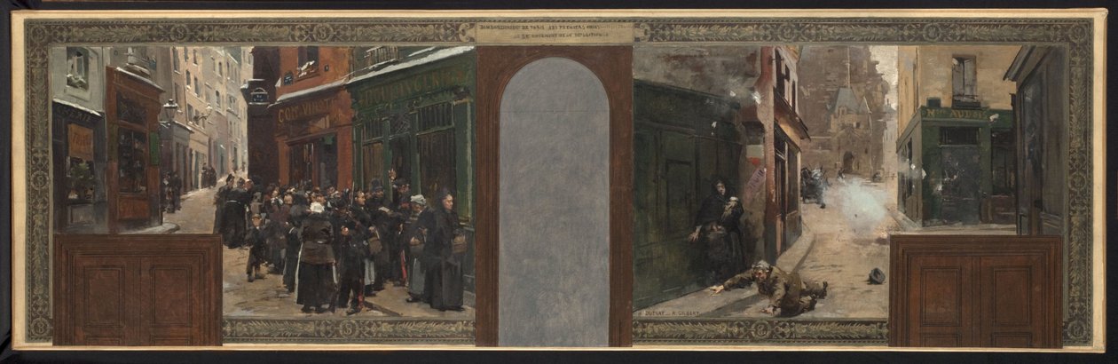 Skiss till prefektens kontor i Paris stadshus: Bombningen av Mont Sainte-Geneviève. Ransonering av befolkningen av Rene Joseph Gilbert