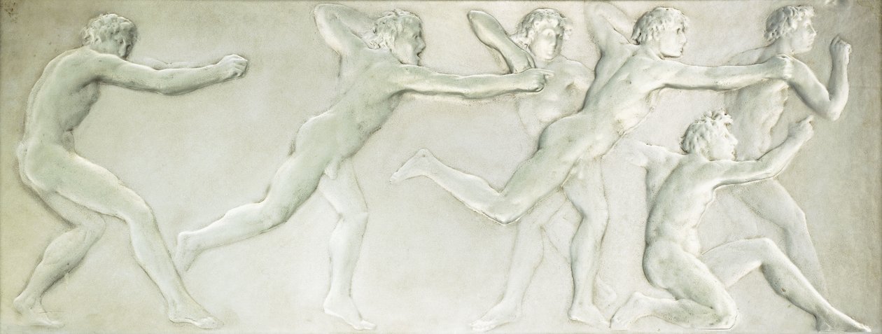 En figurell panel av formgjuten glas som föreställer sex nakna manliga idrottare, av Rene Jules Lalique