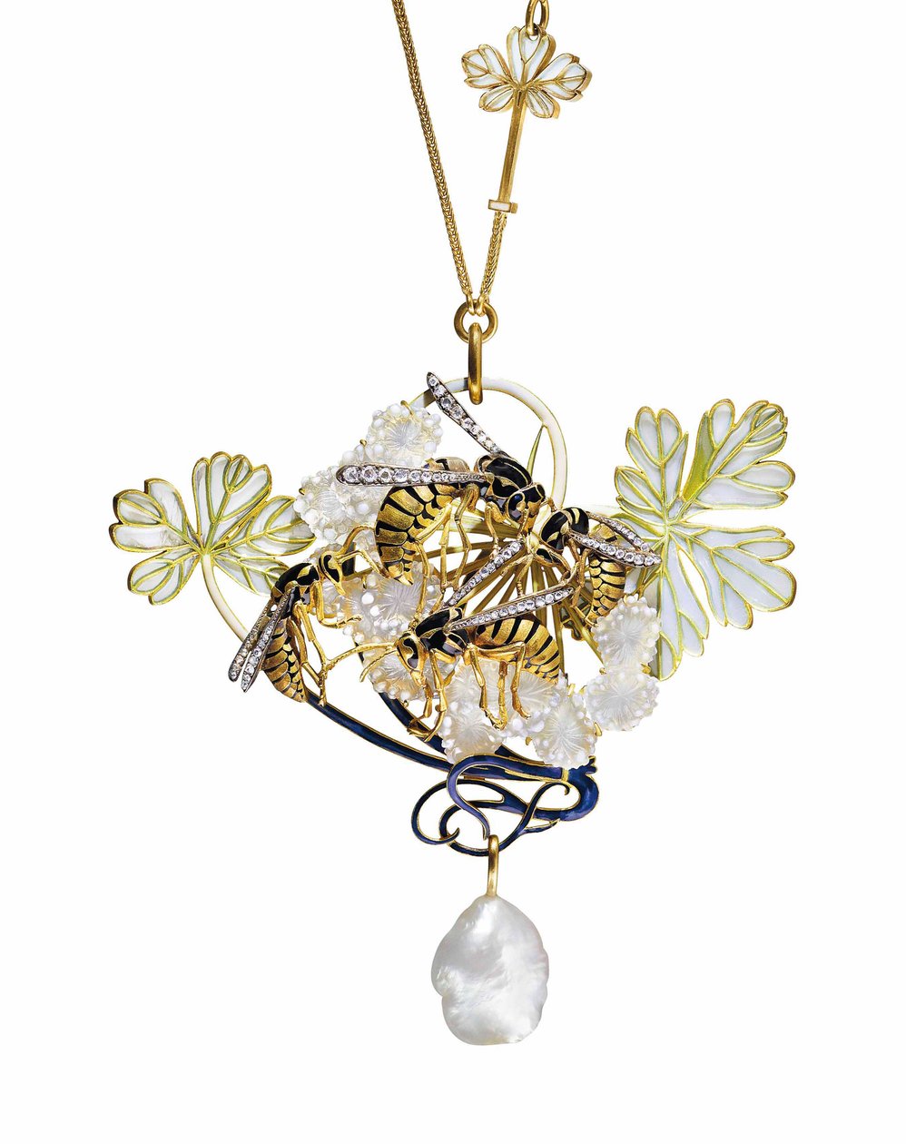 Ett jugendhalsband med emalj, diamanter och pärlor av Rene Jules Lalique