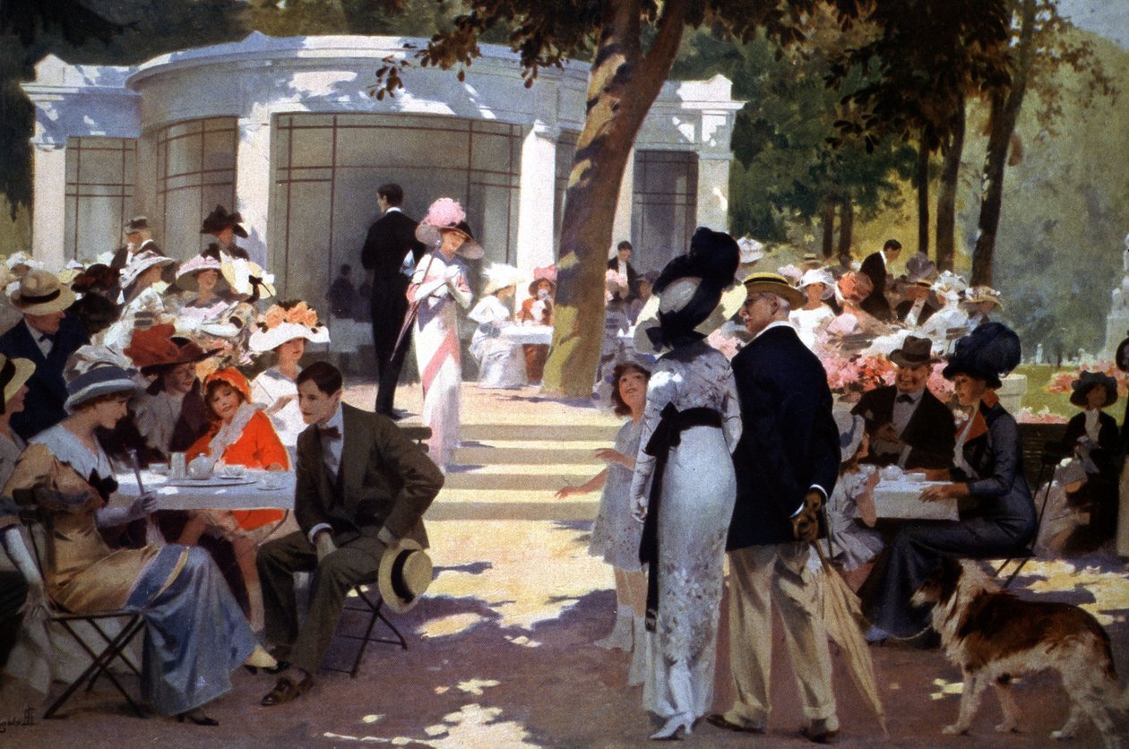 På Vittel spa: folk dricker förfriskningar, tidigt 1900-tal (illustration) av Rene Lelong