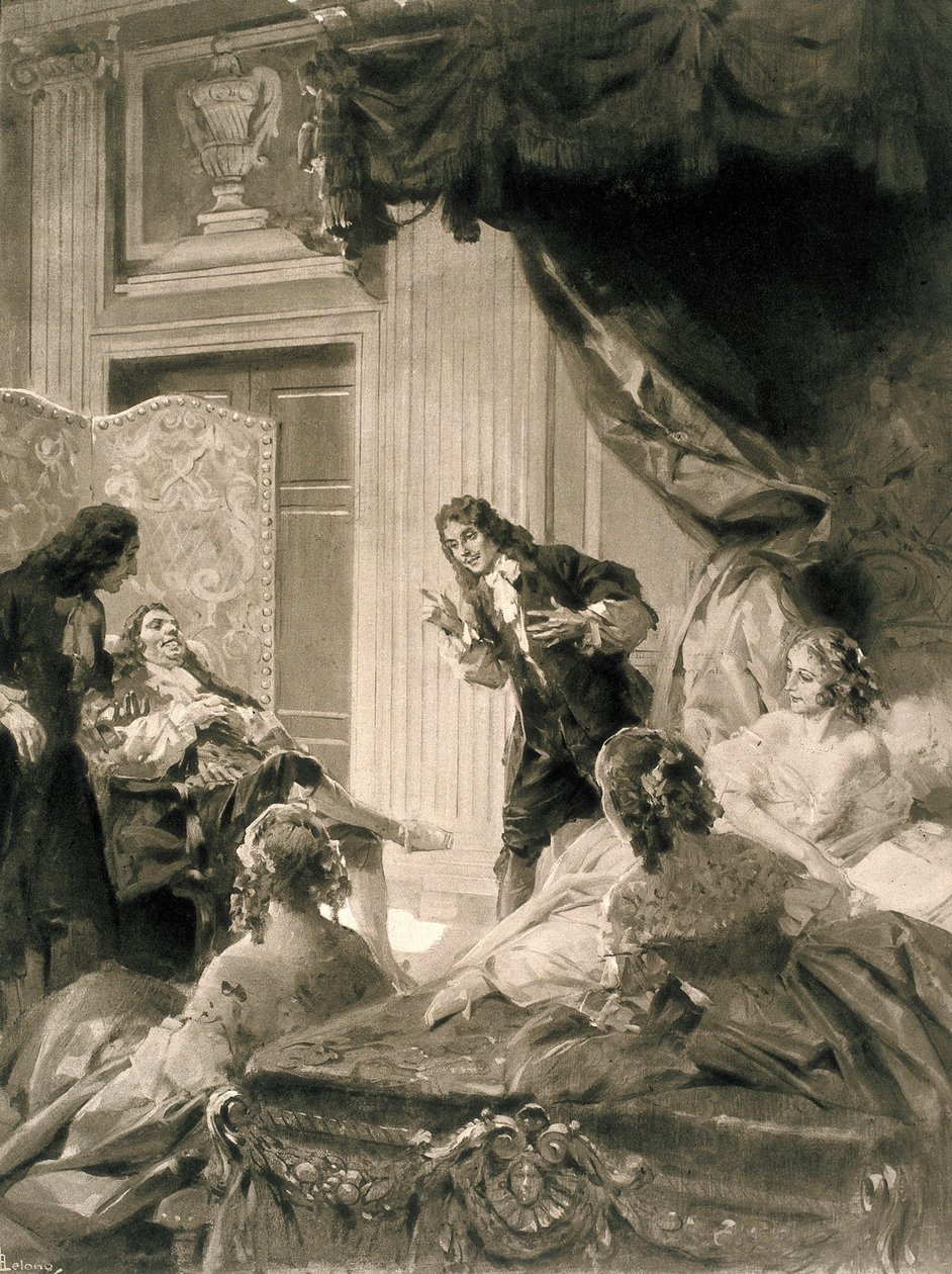 Scen av pjäsen "Le Malade Imaginaire" av Jean Baptiste Poquelin dit MOLIERE (1622-1673), sent 1800 - tidigt 1900-tal (målning) av Rene Lelong
