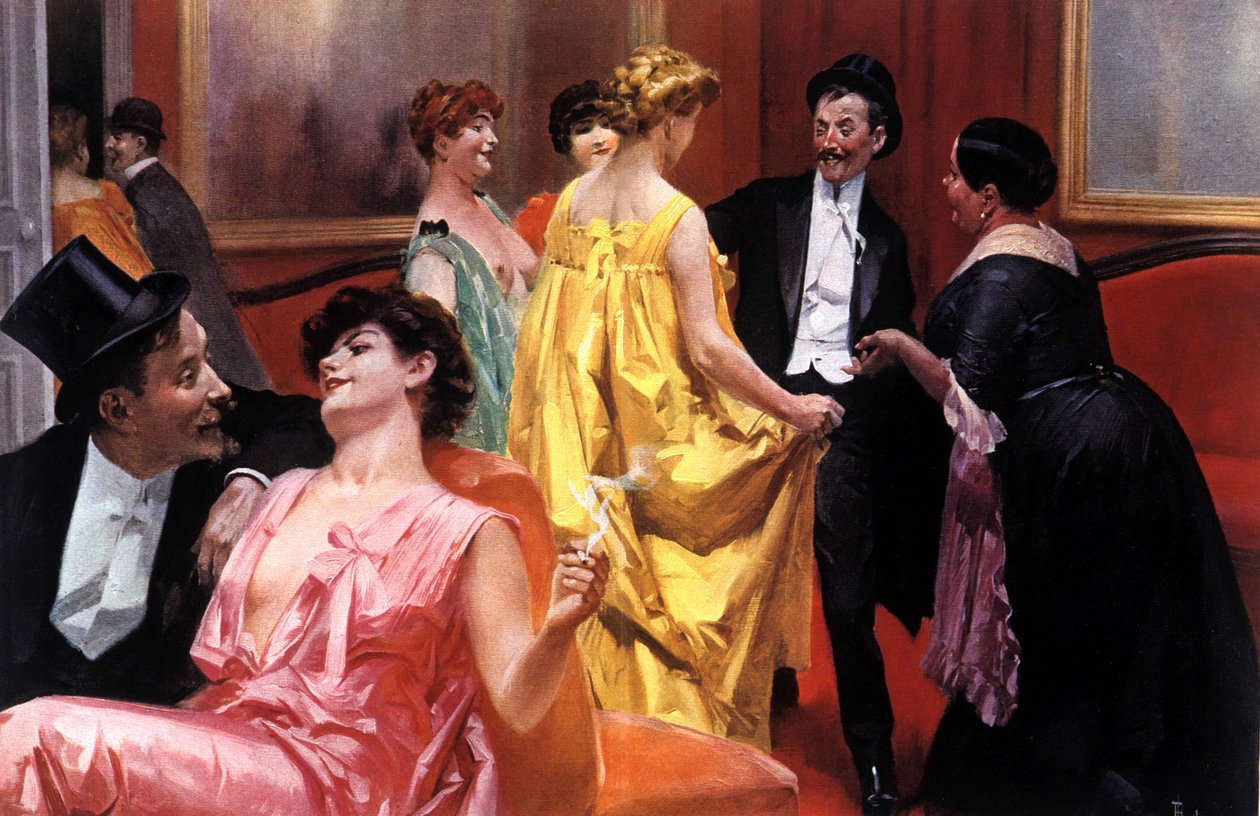 Presentationen. Pariserhus i början av 1900-talet. Illustration av Rene Lelong (1871-1933) av Rene Lelong