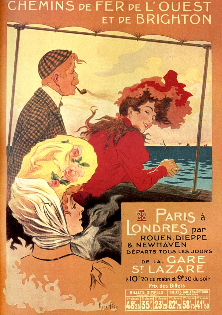 Annonsaffisch av Rene Pean för West and Brighton järnvägsbolag för Paris London-linjen via Rouen, Dieppe och Newhaven, sent 1800-tal av Rene Pean