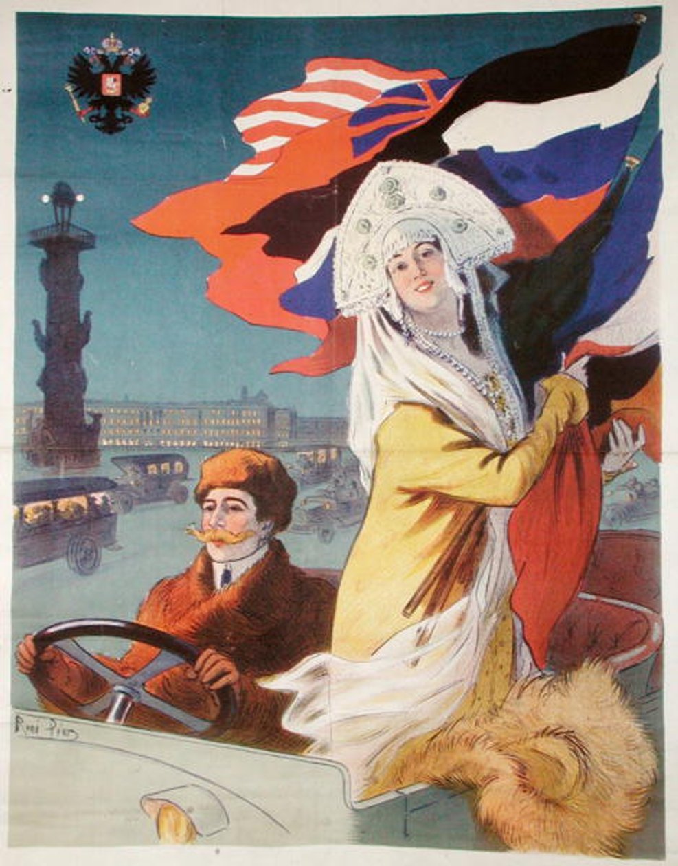 Par i en bil i St.Petersburg, affisch som annonserar en fransk bil avsedd för den ryska marknaden, ca 1912 (färg litho) av Rene Pean