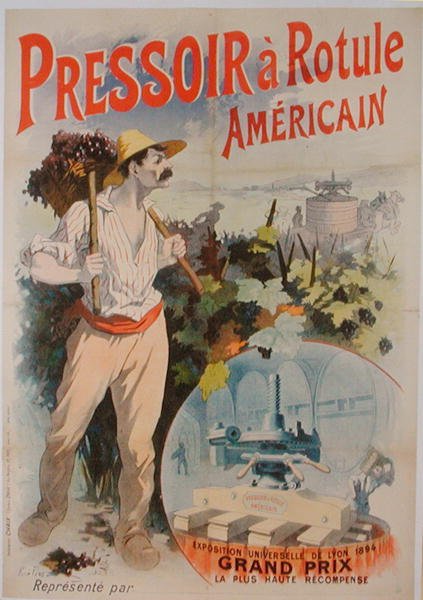 Affisch som annonserar en amerikansk vinpress, utställd på Exposition Universelle de Lyon av Rene Pean