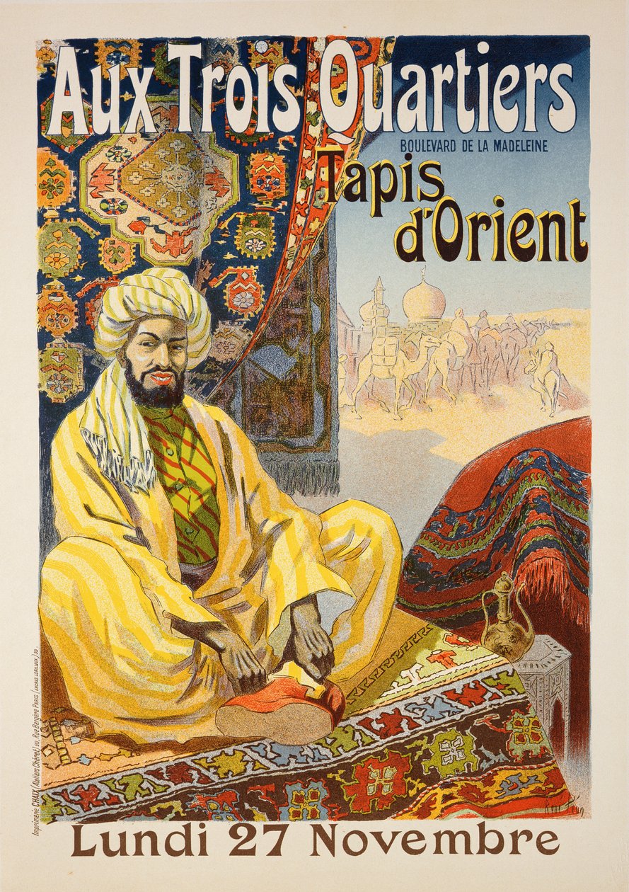 Reproduktion av en affisch med reklam för "Orientaliska mattor", utställd på "Aux Trois Quartiers", 1899 av Rene Pean